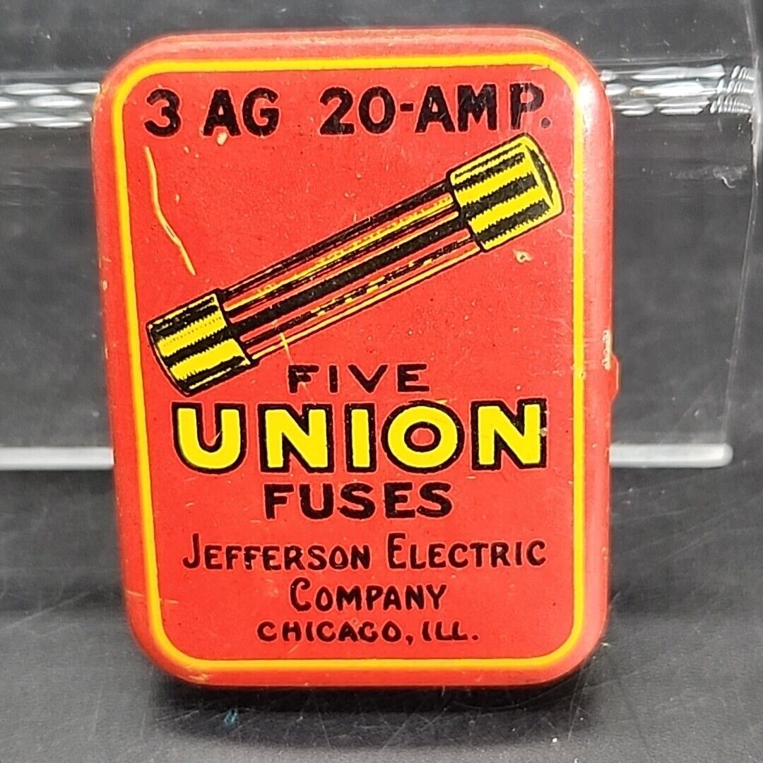 Vintage JEFFERSON UNION Glass Fuse Tin 3AG 20 Amp Hinged Lid with 4 Fuses
