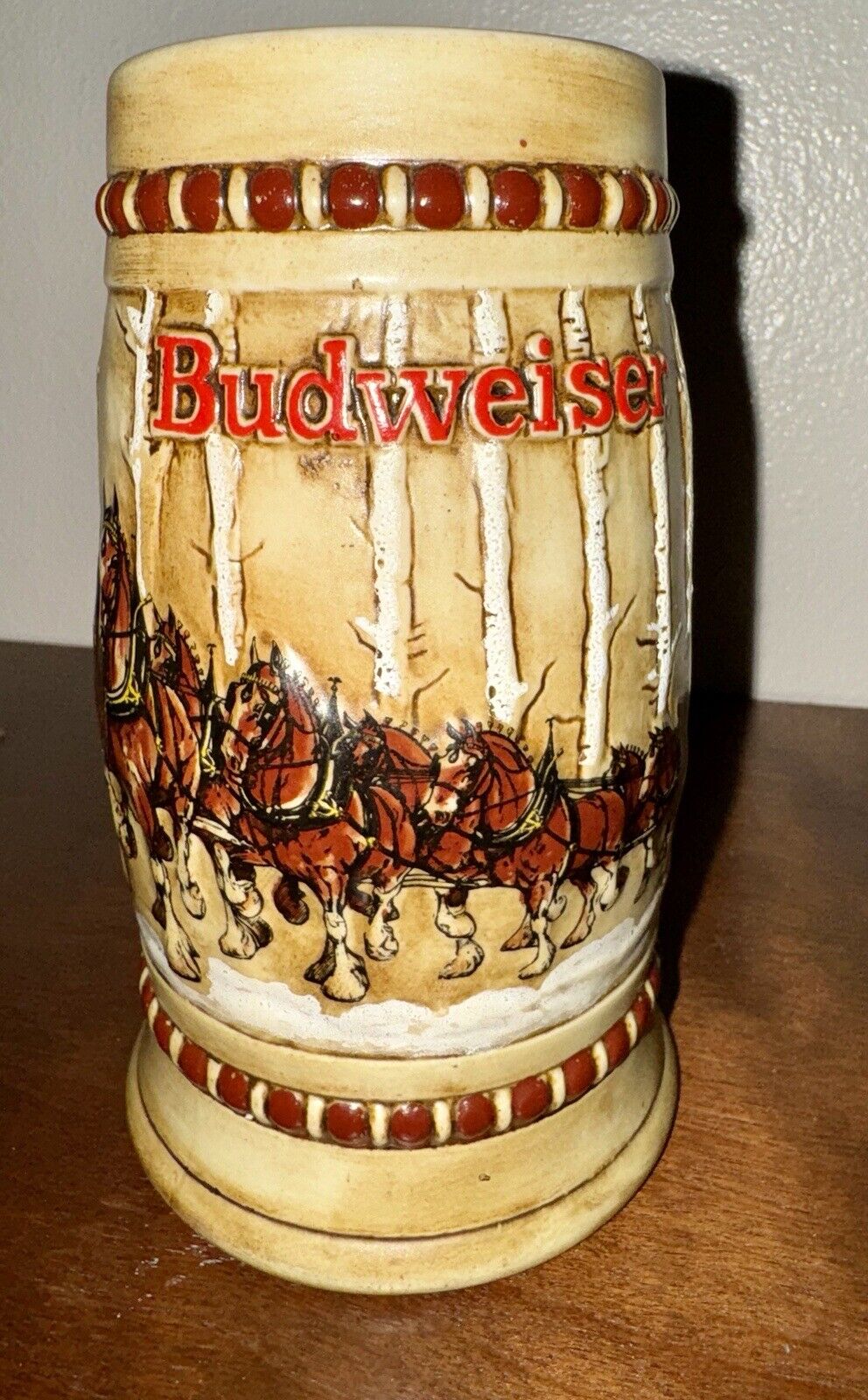Rare 1981 Budweiser Holiday Beer Stein Snowy Woodland Clydesdale Ceramarte