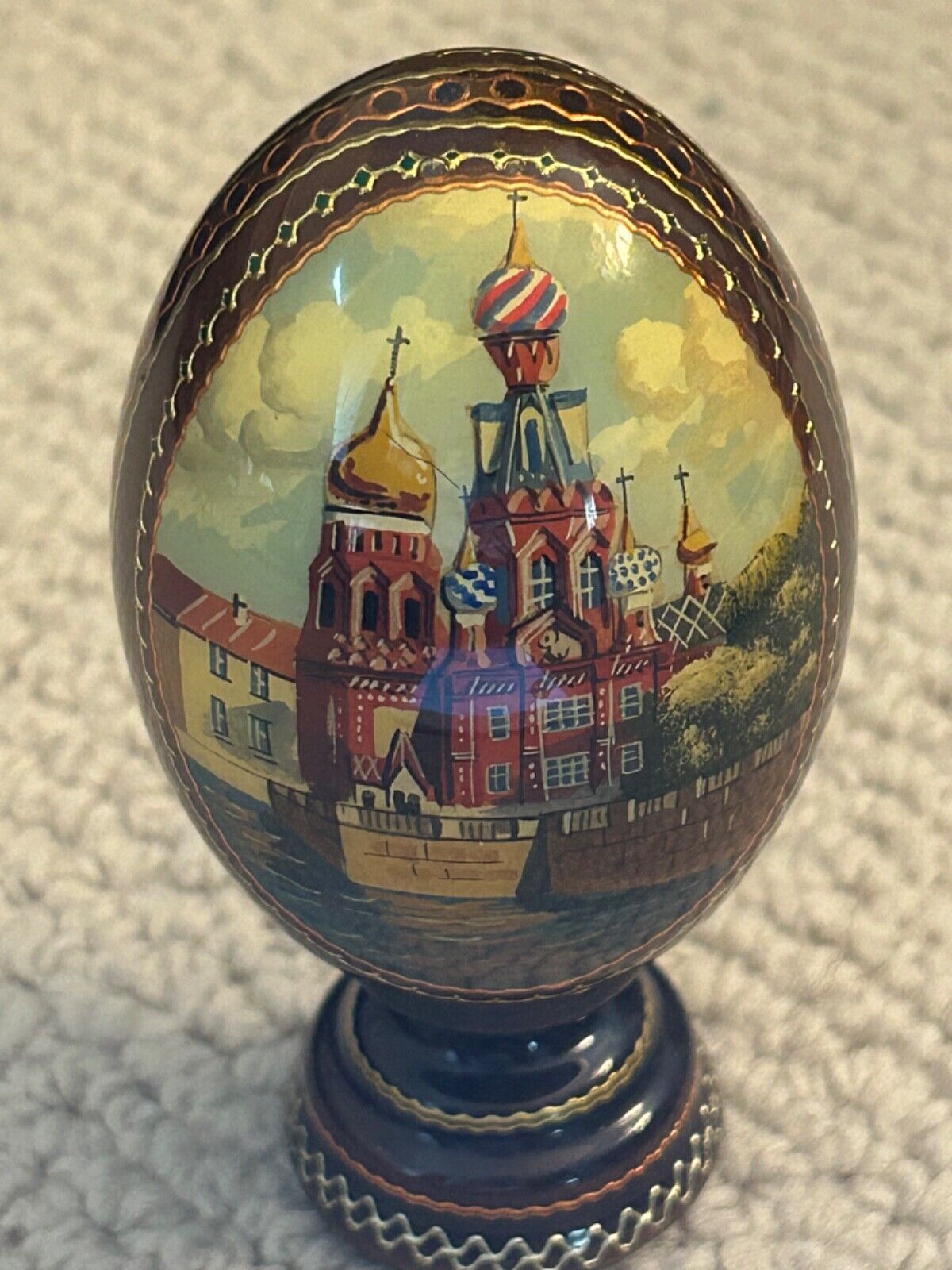 Russian Laquer Handpainted Egg Attached Stand