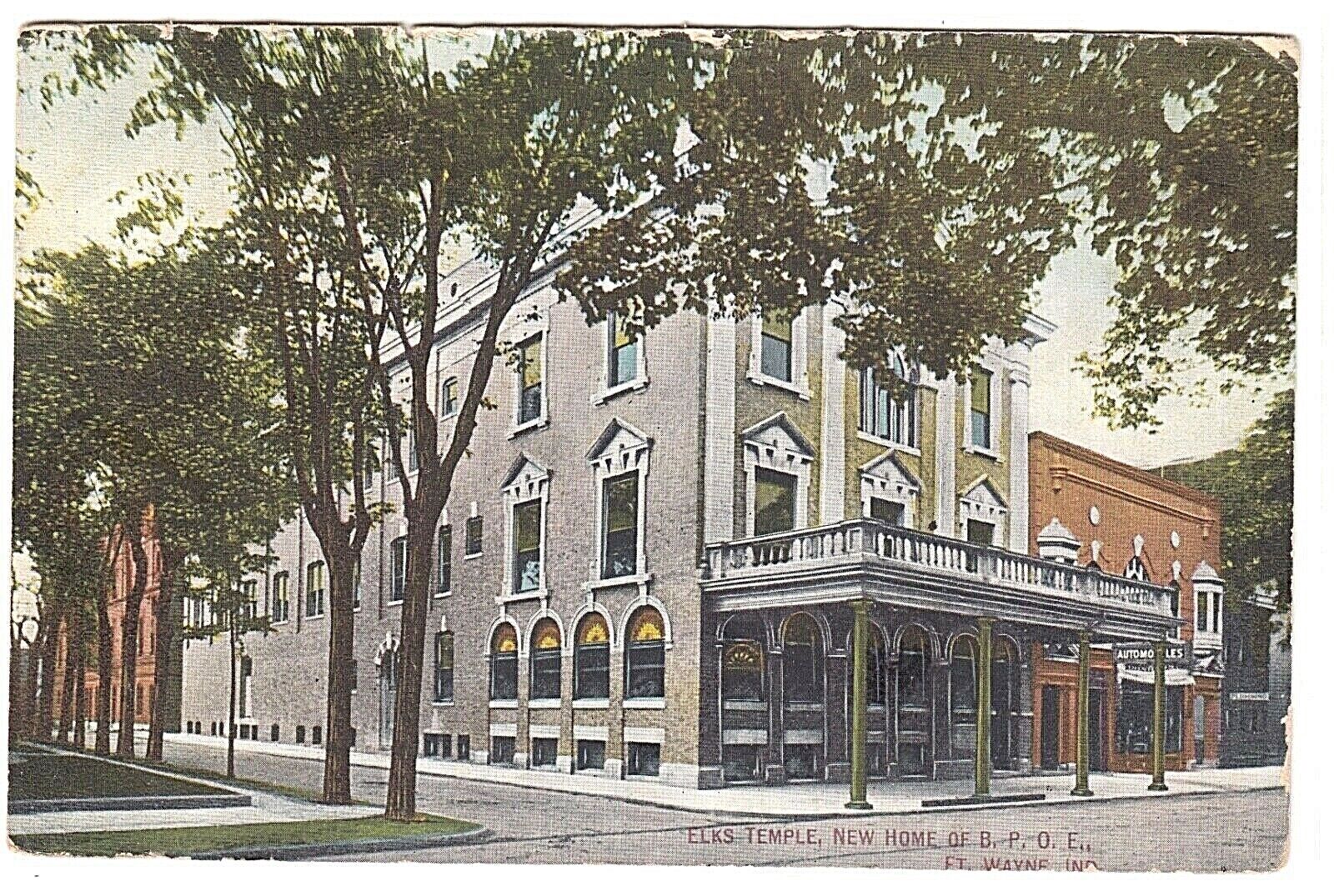 Fort Wayne IN Vintage Postcard Elks Temple Lodge Automobile Shop Street View