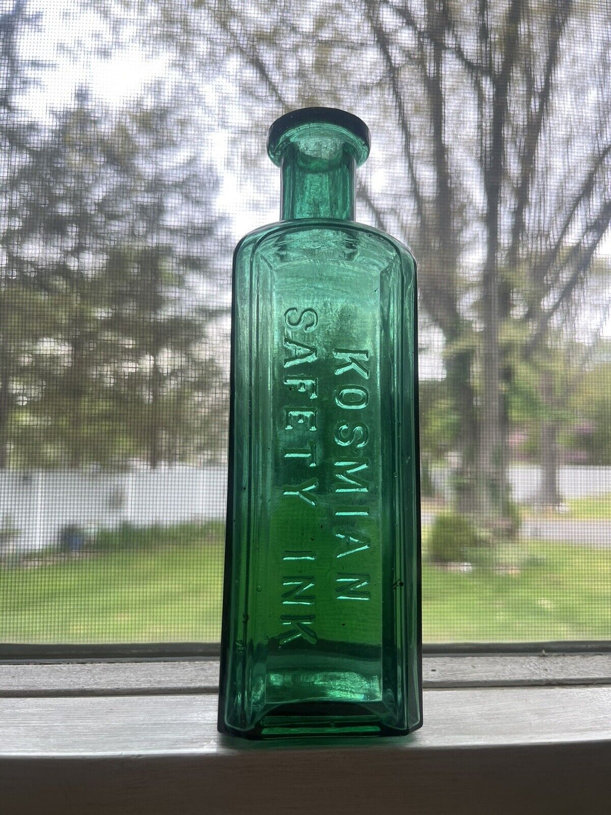 Antique green Kosmian Safety Master Ink bottle from Boston Massachusetts 