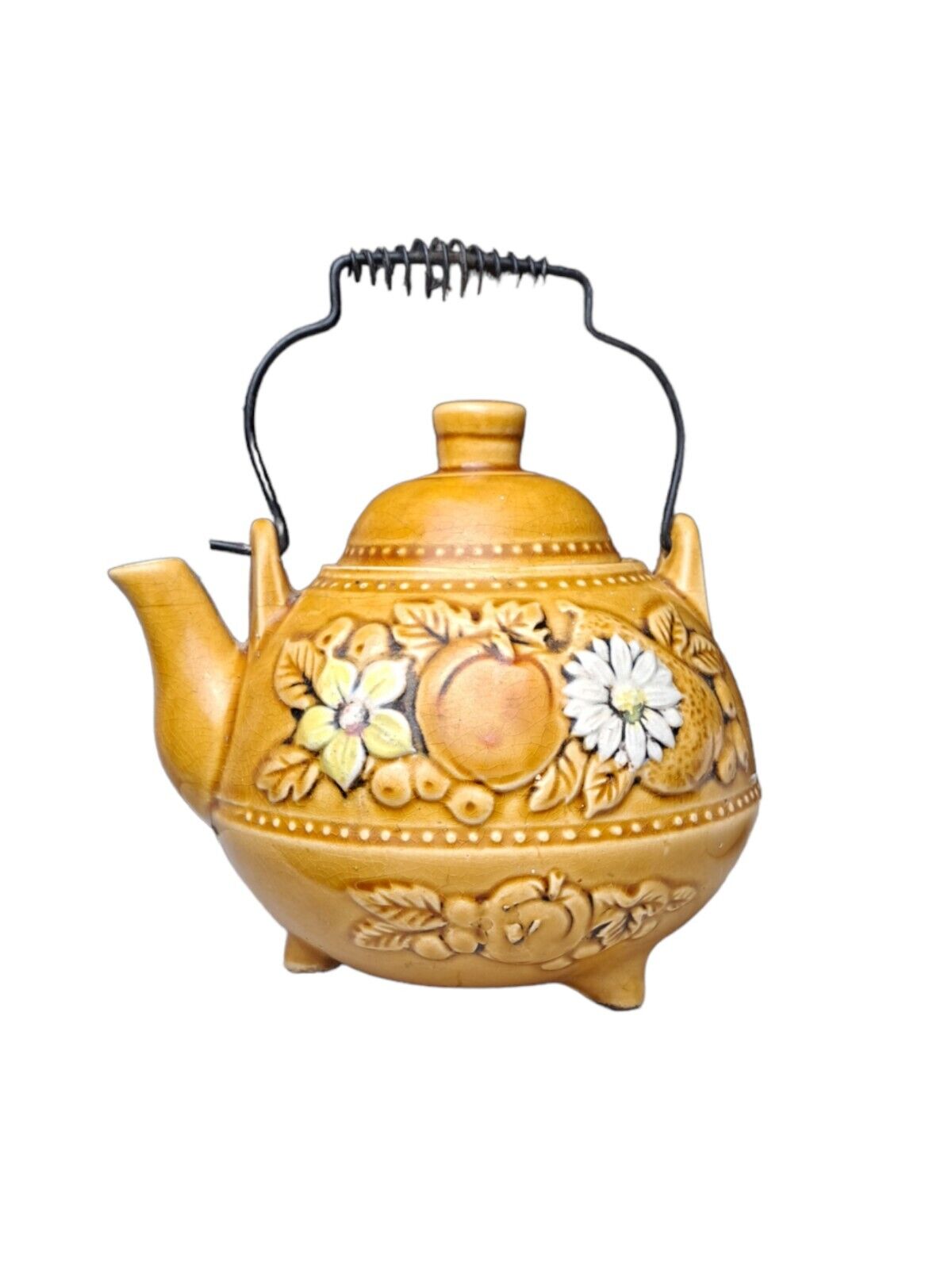 Vintage MCM Ceramic Tea Pot~ Raised Fruits & Flowers~Wire Wrapped Metal Handle
