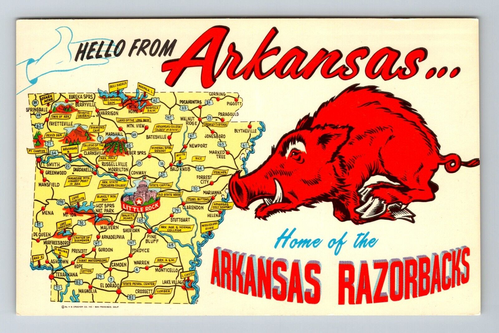 AR-Arkansas Greetings From Arkansas Landmarks On Map Warthog Vintage Postcard