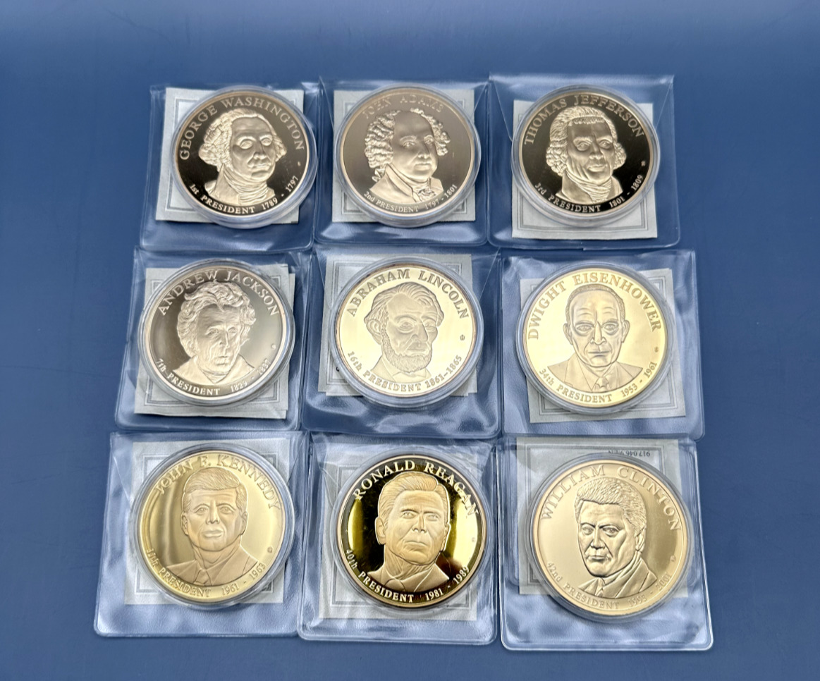 NINE AMERICAN MINT PRESIDENTIAL DOLLAR TRIALS 50MM 24K LAYERED COPPER PROOFS