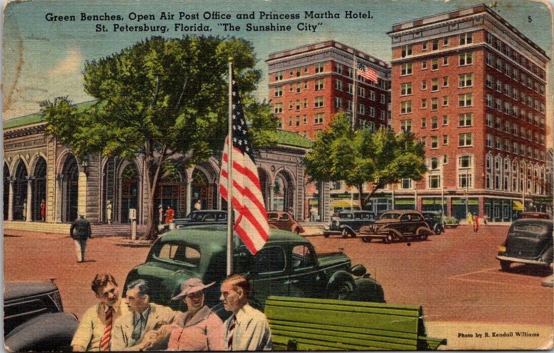 1944 St Petersburg FLA Princess Martha Hotel Open Air Post Office Linen Postcard