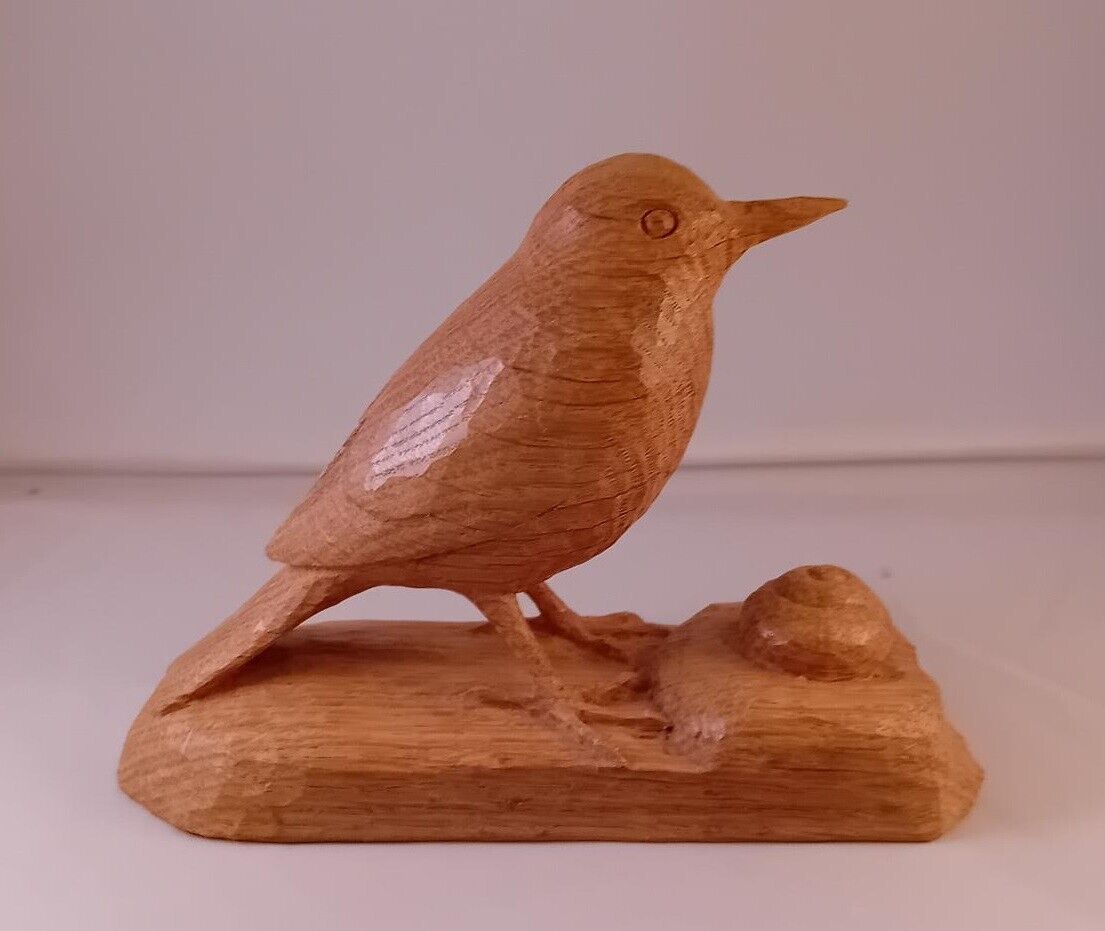 Song Thrush carved in English Oak displayed on the ground with a snail