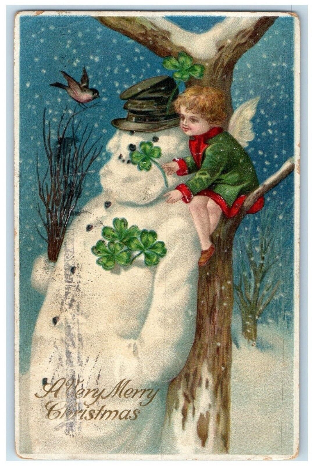 1910 Christmas Snowman Angel Shamrock Bird Snowfall Winter Clapsaddle Postcard