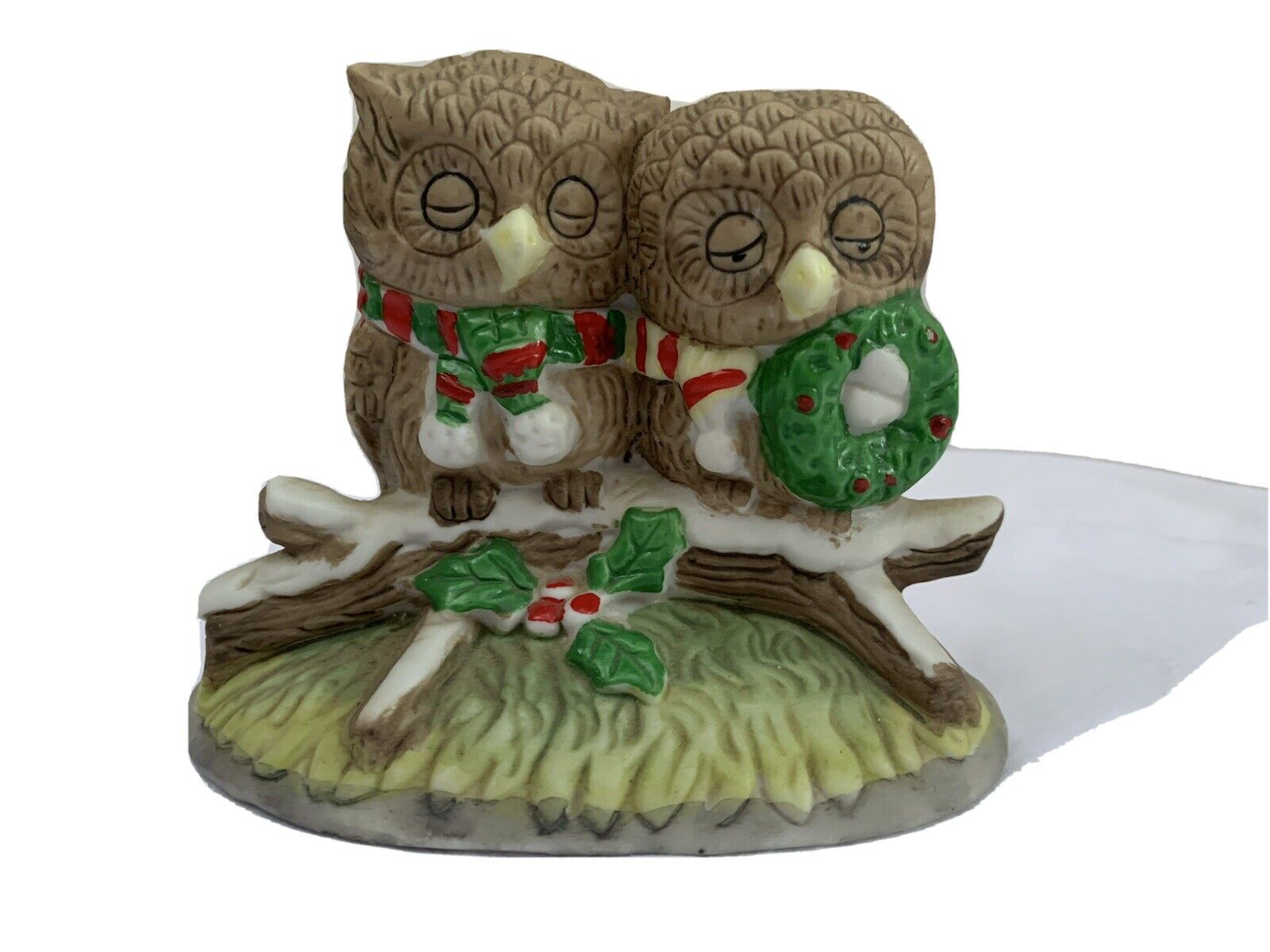 Vintage Enesco 2 Owls On Branch With Christmas Decorations Holly Wreath 3.5\