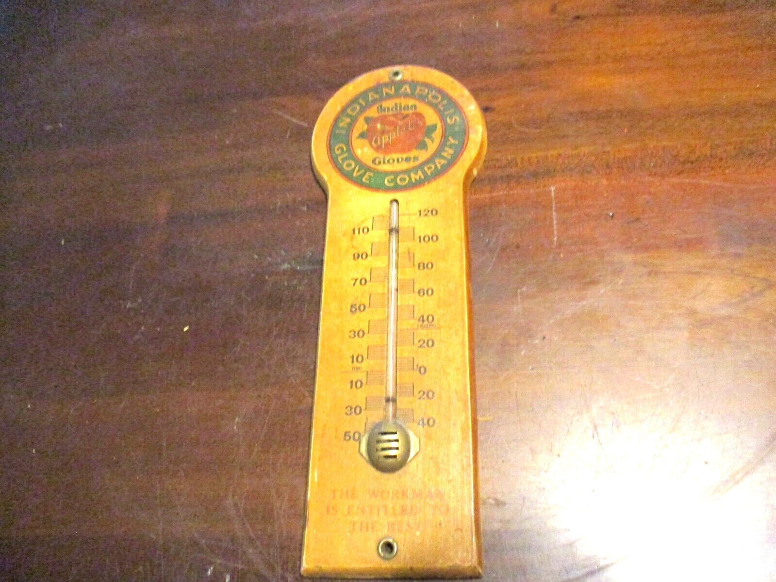 ANTIQUE INDIANAPOLIS GLOVE COMPANY INDIAN GLOVES WOODEN WORKING THERMOMETER