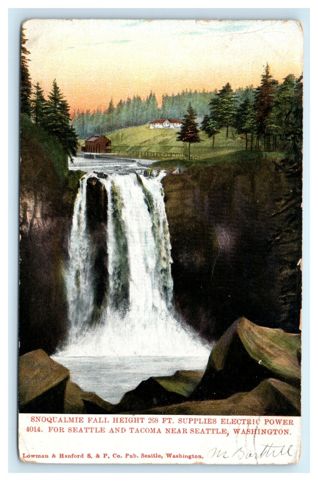 POSTCARD Snoqualmie Fall Supplies Electric Power for Seattle and Tacoma WA 1907