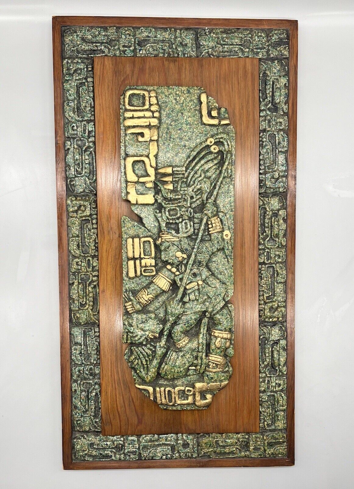 Vintage Original Zarebski Maya Aztec Decorative Stone Malachite Plaque Wall Art