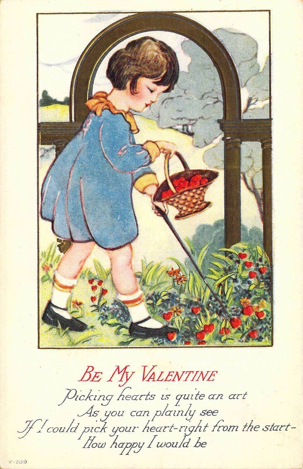c.1918, Little Girl pickinga Crop of Hearts,  Flowers, Valentine, Old Postcard