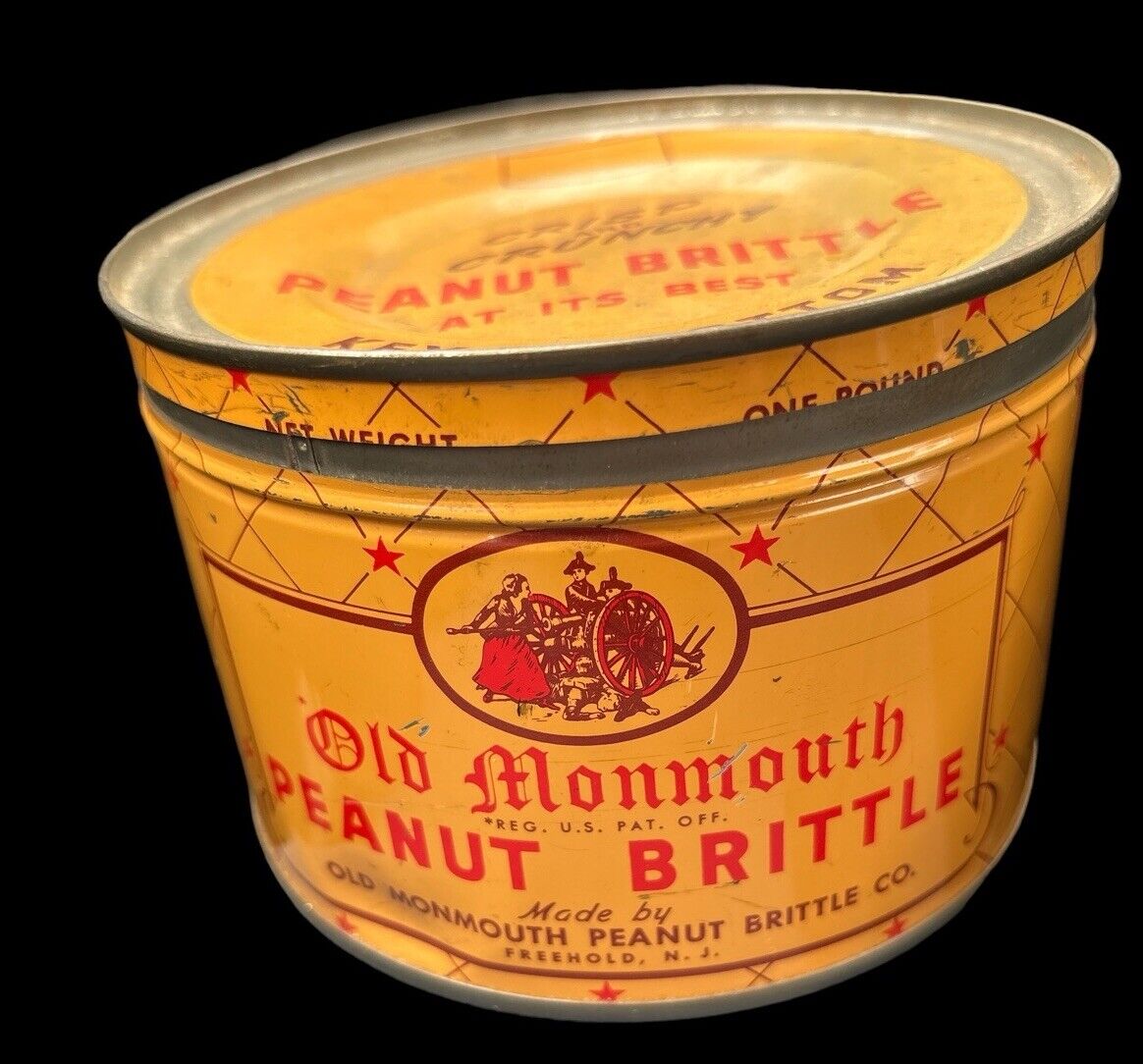 Vintage OLD MONMOUTH Peanut Brittle Key Wind TIN CAN Advertising Country Store