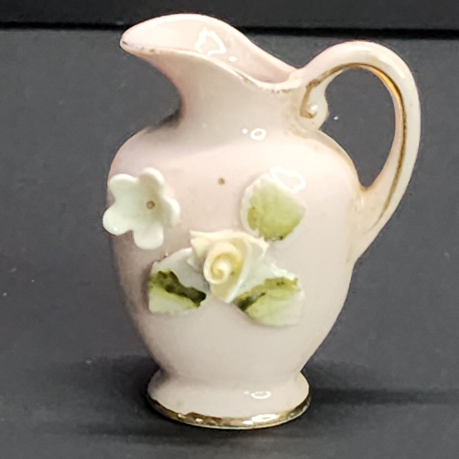 Vintage Japanese Miniature Pink Pitcher with Flowers Gold Trimmed 3\'\' Tall