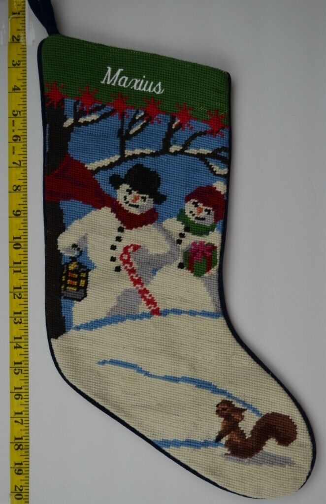 LANDS END Snowmen Pair Wool Needlepoint Christmas Stocking Monogrammed MAXIUS