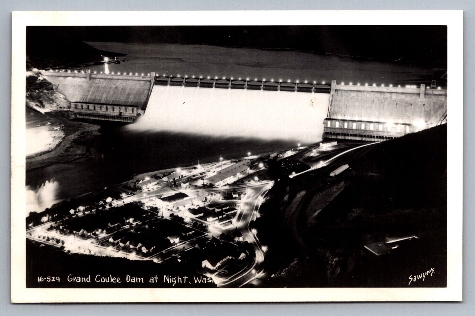 RPPC Postcard Grand Coulee Dam Aerial Night View Washington c1940s Sawyers\'s UNP
