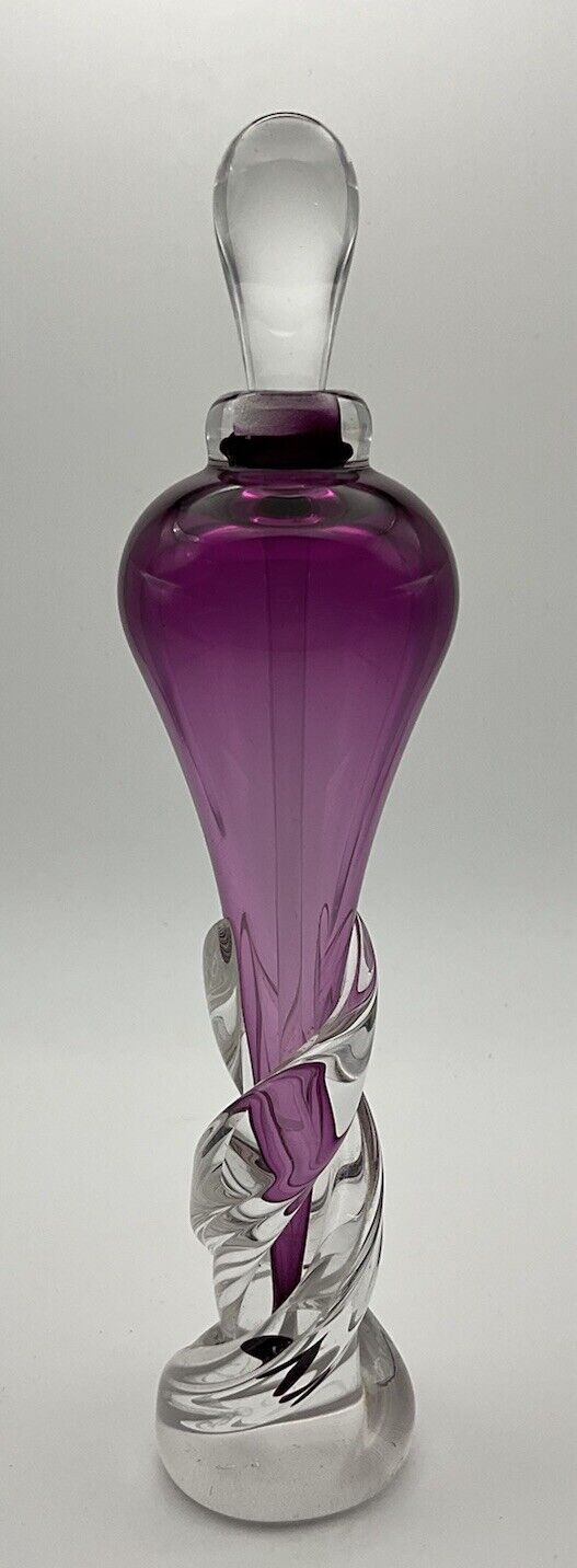 Signed Purple Hand Blown Art Glass Swirl Perfume Bottle With Top *EUC*