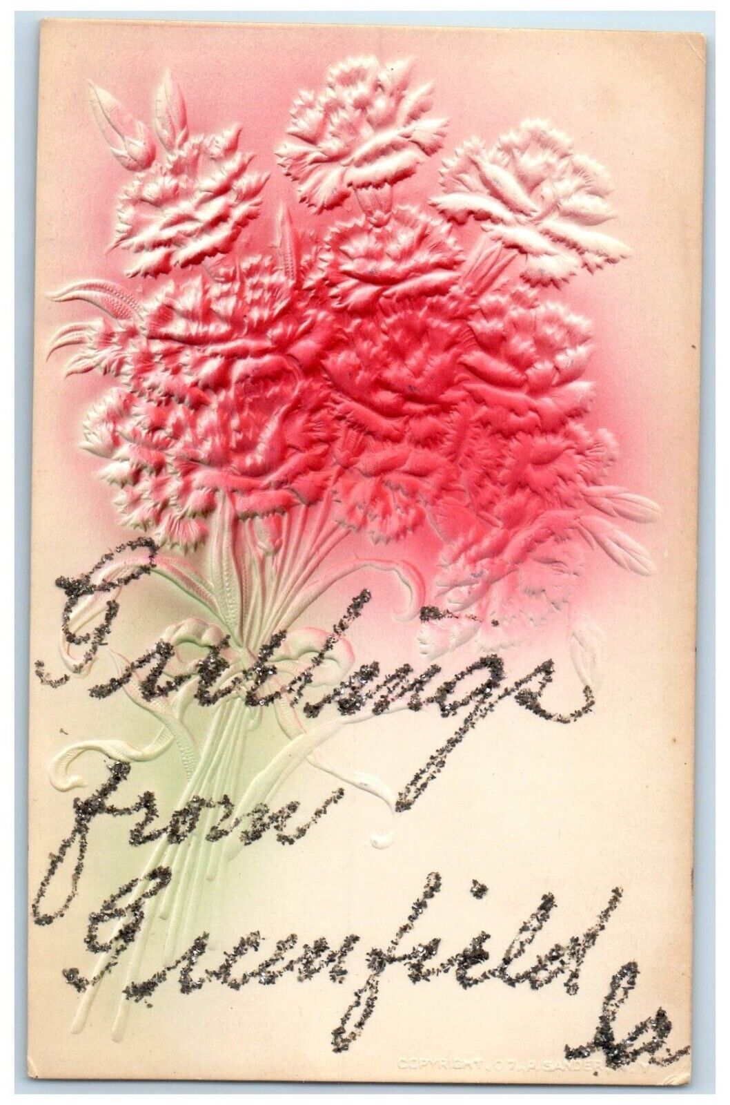 c1910\'s Greetings From Greenfield Iowa IA Flowers Airbrushed Glitter Postcard