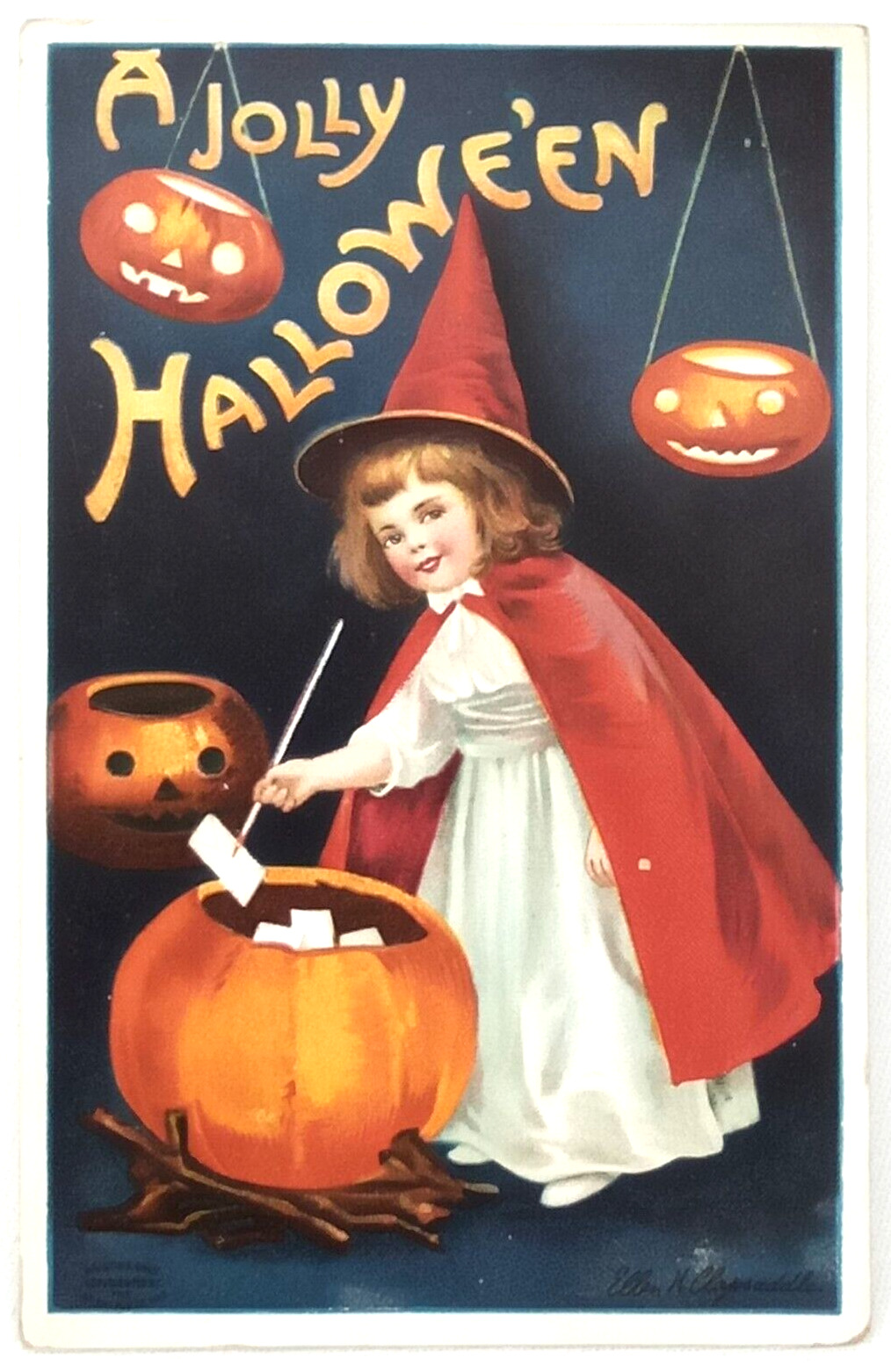 Halloween Post Card Ellen Clapsaddle Little Girl Witch Jack O Lantern Unposted