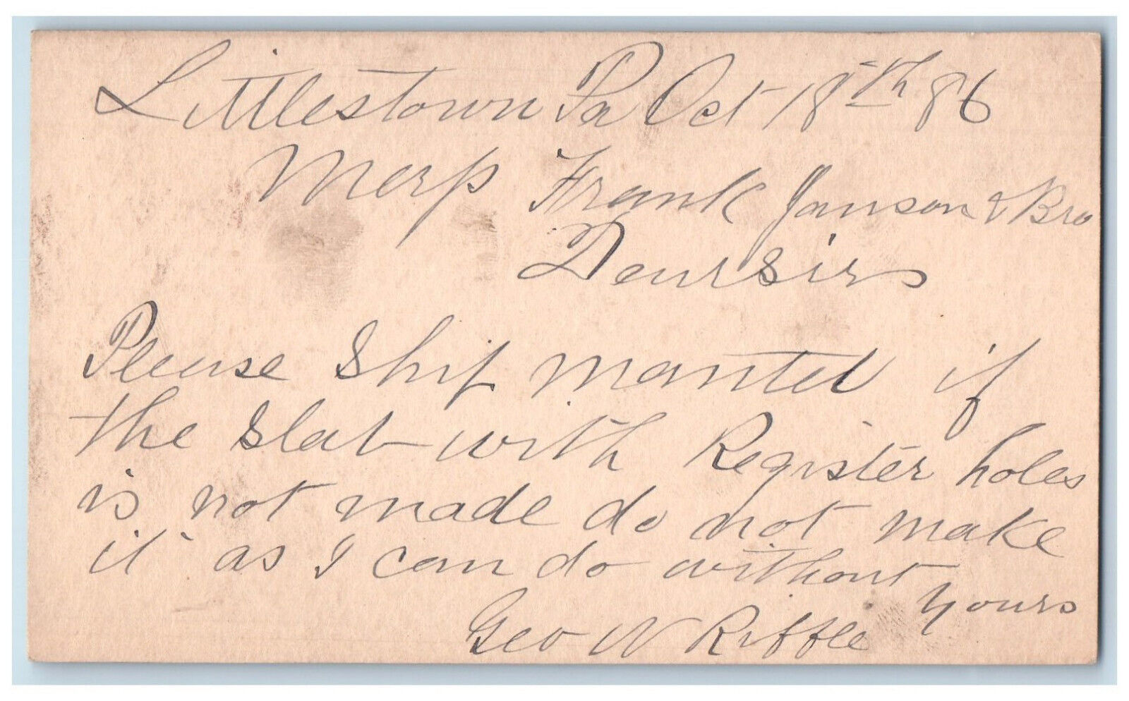 1886 Ship Mantle Frank Janson & Bro Littlestown Pennsylvania PA Postal Card