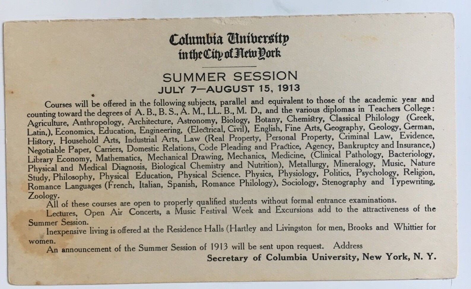 1913 NY Columbia University Postal Card Summer Session advertisement course info