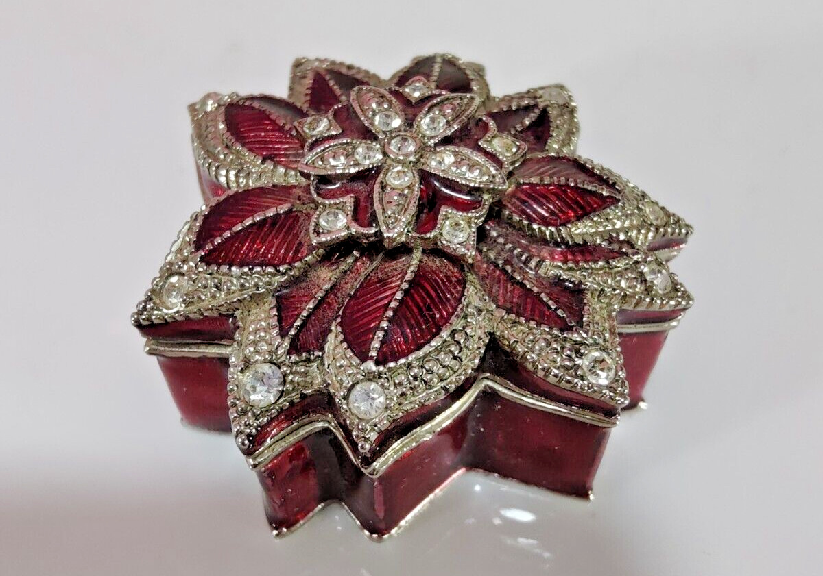 Vintage Monet Red Enamel Painted Poinsettia Hinged Trinket Box Magnetic Clasp 2\