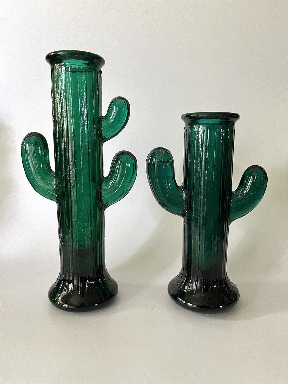 Pair of Green Glass Cactus Candle Holders Vases Western Southwestern Decor