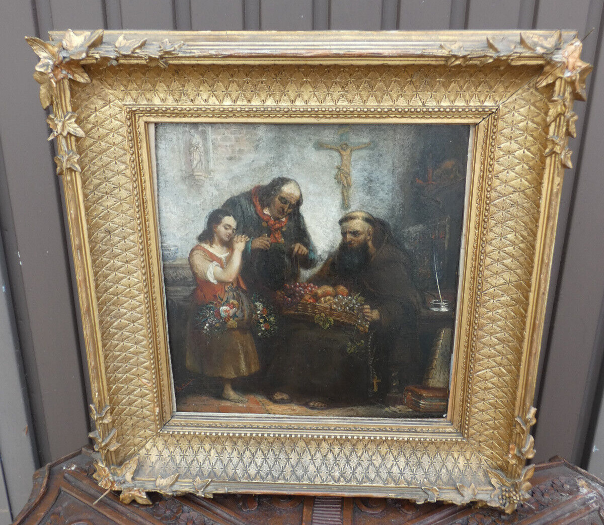 Antique 19thc religious Oil panel painting beggars getting food monk rare signed