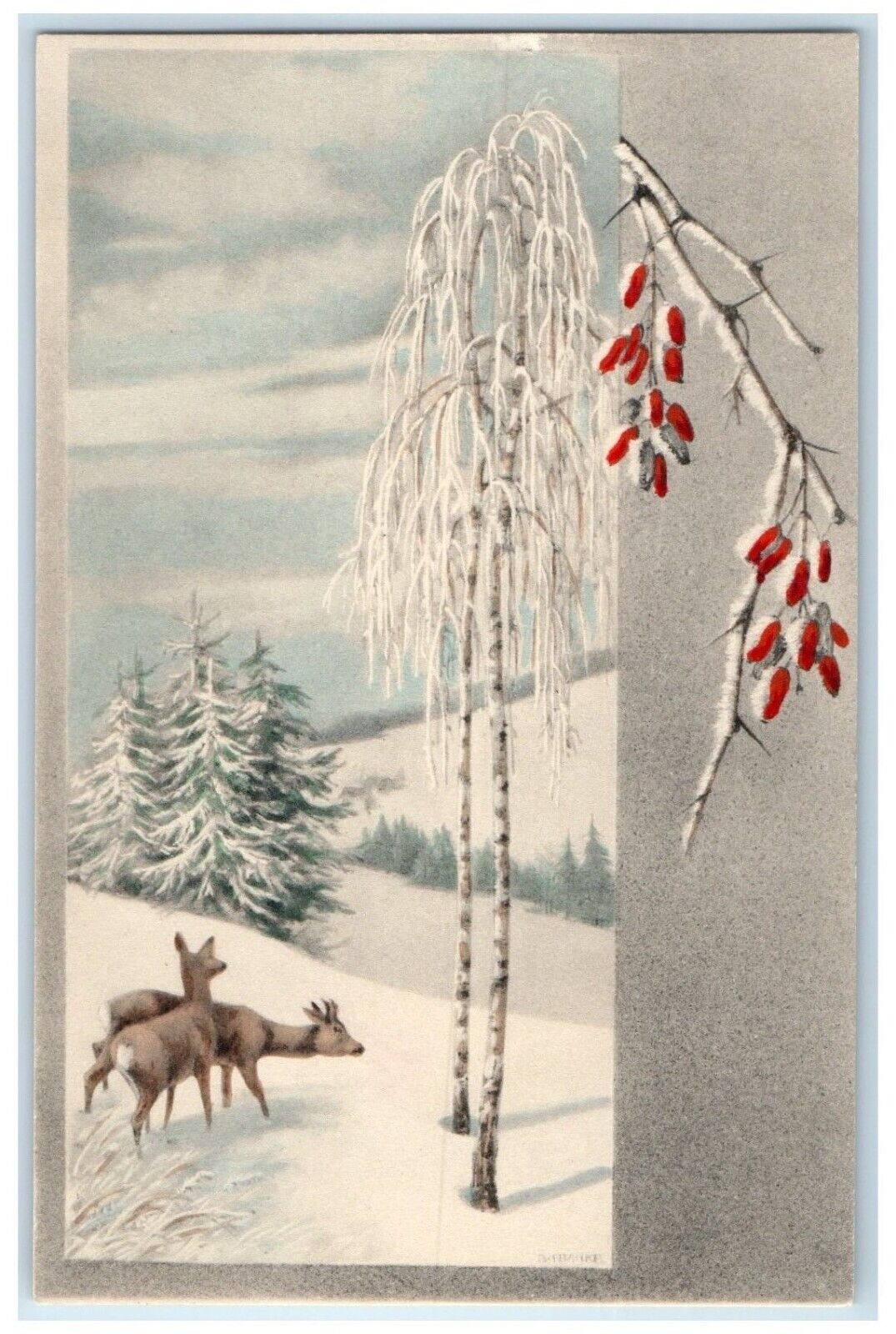c1910's Ulreich Art Munk Deer Pine Trees Covered Winter Snow Scene Postcard