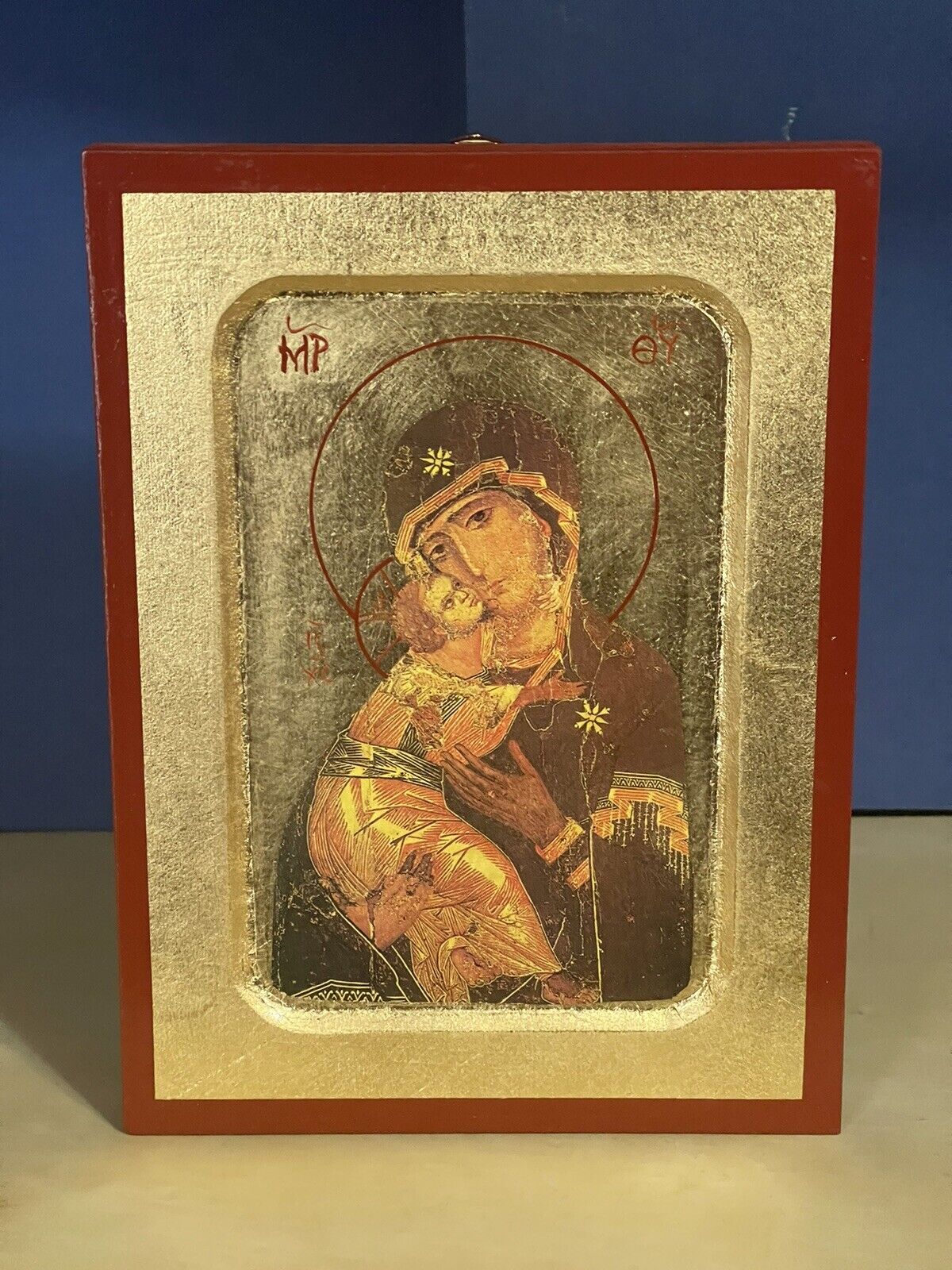 Virgin Mary of Vladimir- WOODEN ICON, CARVED WITH GOLD LEAVES 6x8 inch