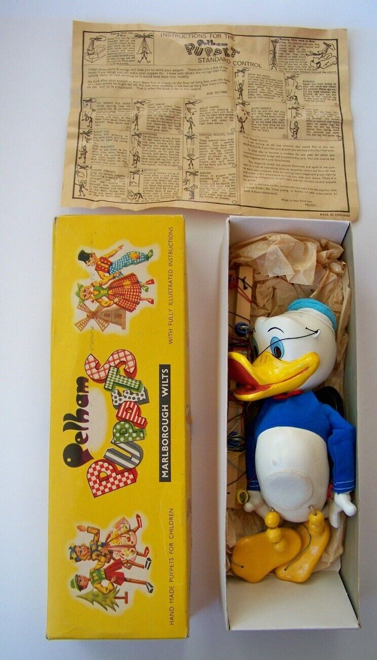 Vintage Disney Donald Duck Marionette Pelham Puppet Original Box + Instruction