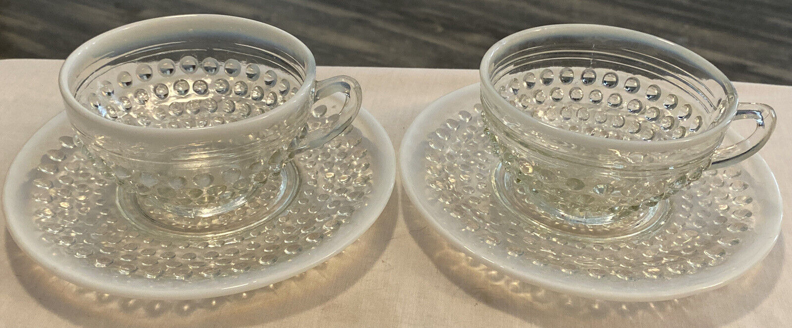Set Of 2 Moonstone Hobnail Anchor Hocking Opalescent Cup and Saucer Sets