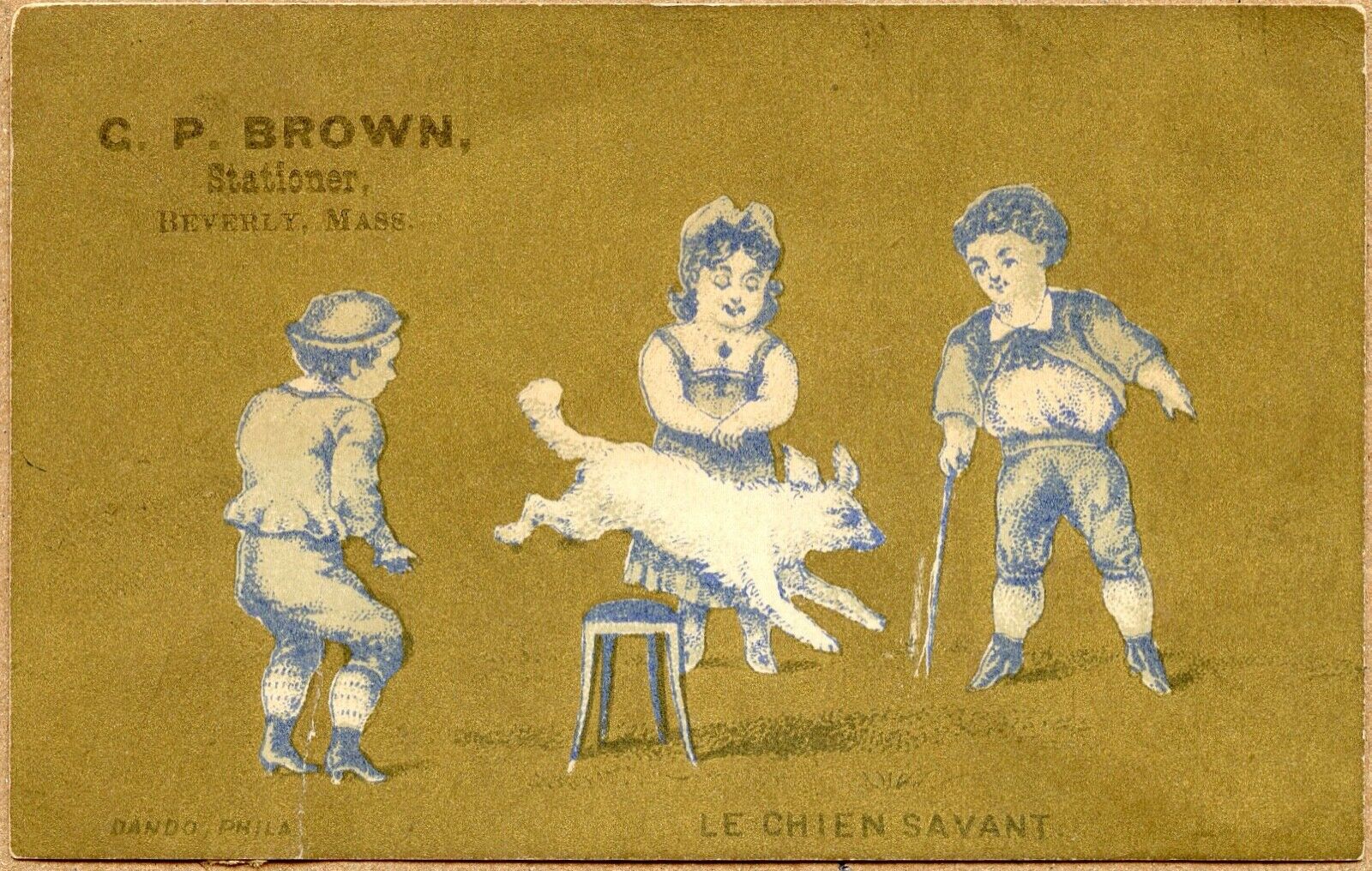 Trade Card MA Beverly Stationer CP Brown Dog Children Victorian Advertising
