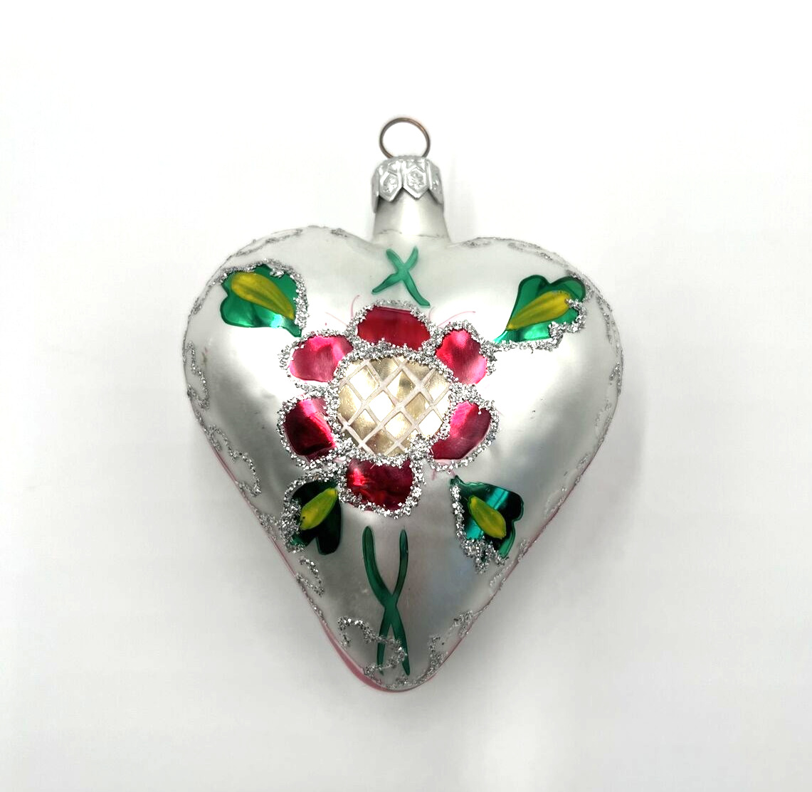 Vintage Blown Glass Christmas Ornament Heart Shape with Flower Floral Design