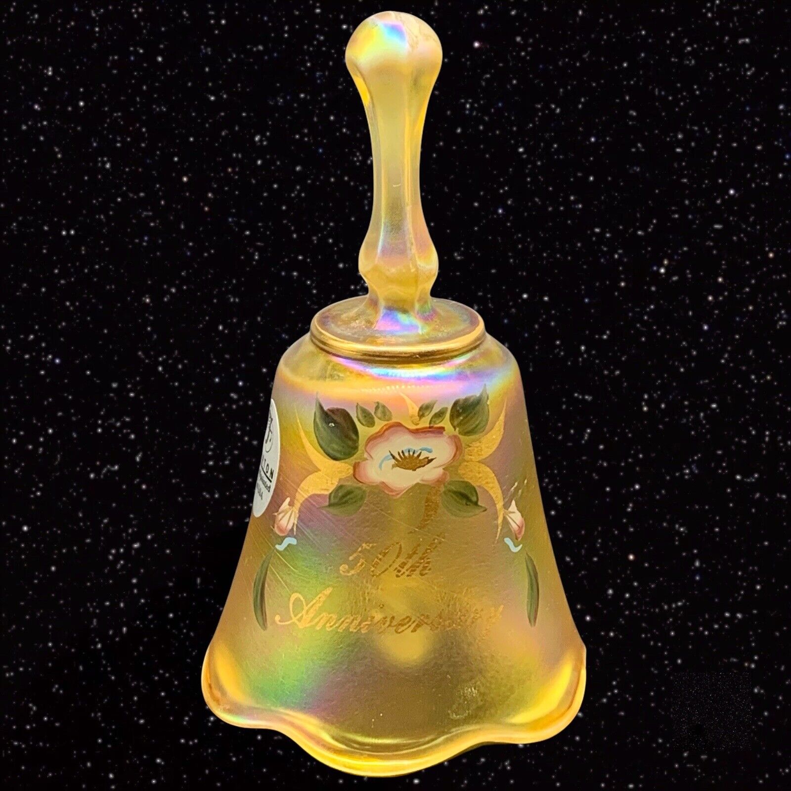 FENTON Glass Hand Painted 50TH ANNIVERSARY IRIDESCENT YELLOW Bell Signed 4”T 2”W
