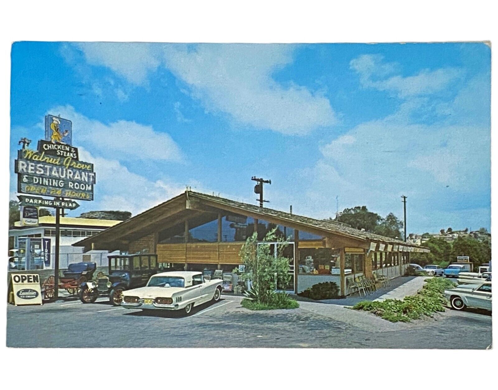 1960s Vtg Postcard Walnut Grove Restaurant San Juan Capistrano CA 1958 T-Bird