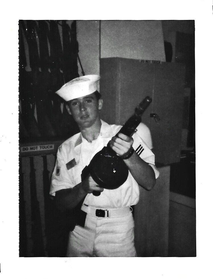 Vintage 1960 Old Photo of Cute Man US Sailor Wearing Uniform Holding Machine Gun