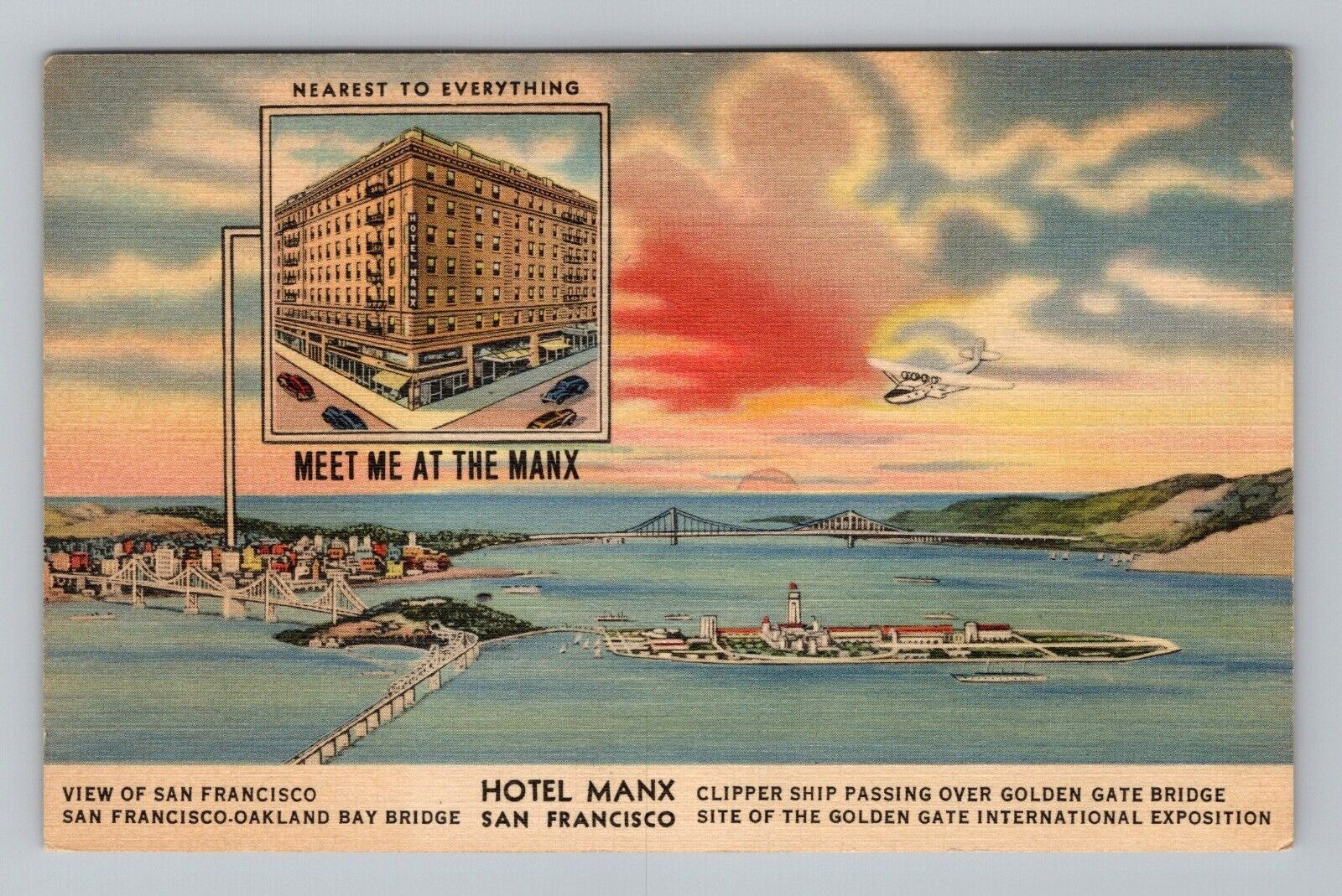 Postcard Hotel Manx San Francisco California CA Aircraft Ship Scenic Aerial View