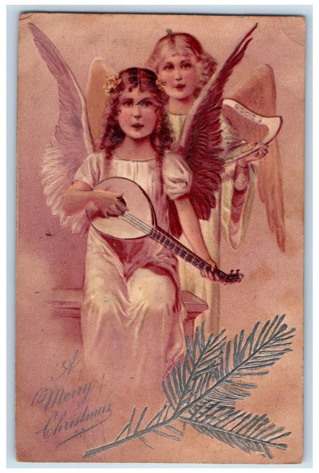 1907 Christmas Two Angels Playing Oud Pine Embossed Posted Antique Postcard