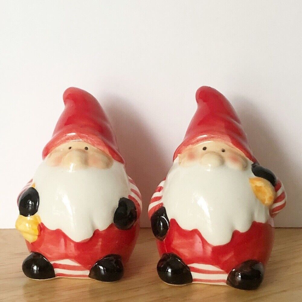 Hand Painted Ceramic Gnome 3”H Salt and Pepper Shakers Christmas Tabletop Accent