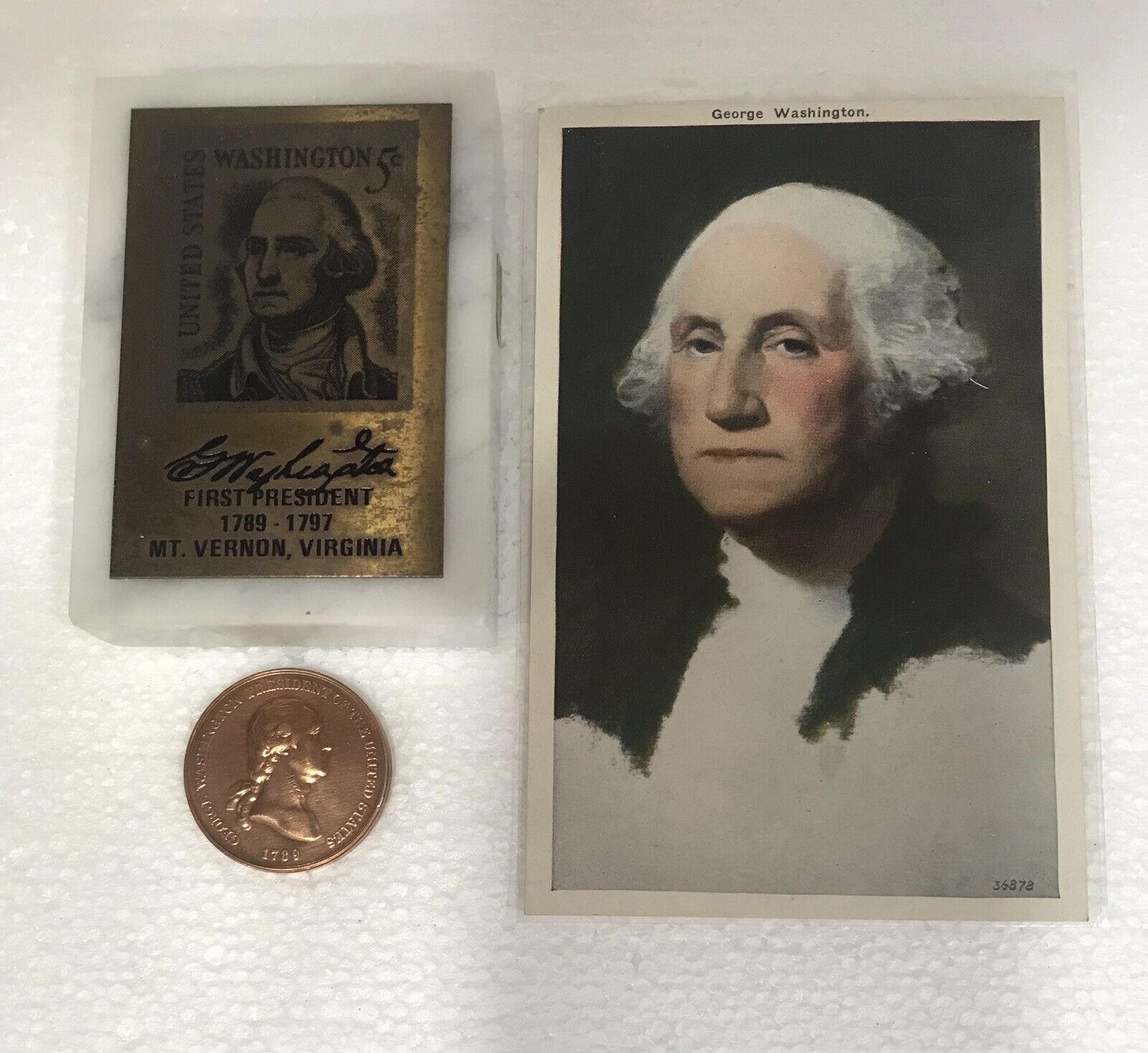 Vintage George Washington Post Card, Paperweight And Coin Memorabilia 