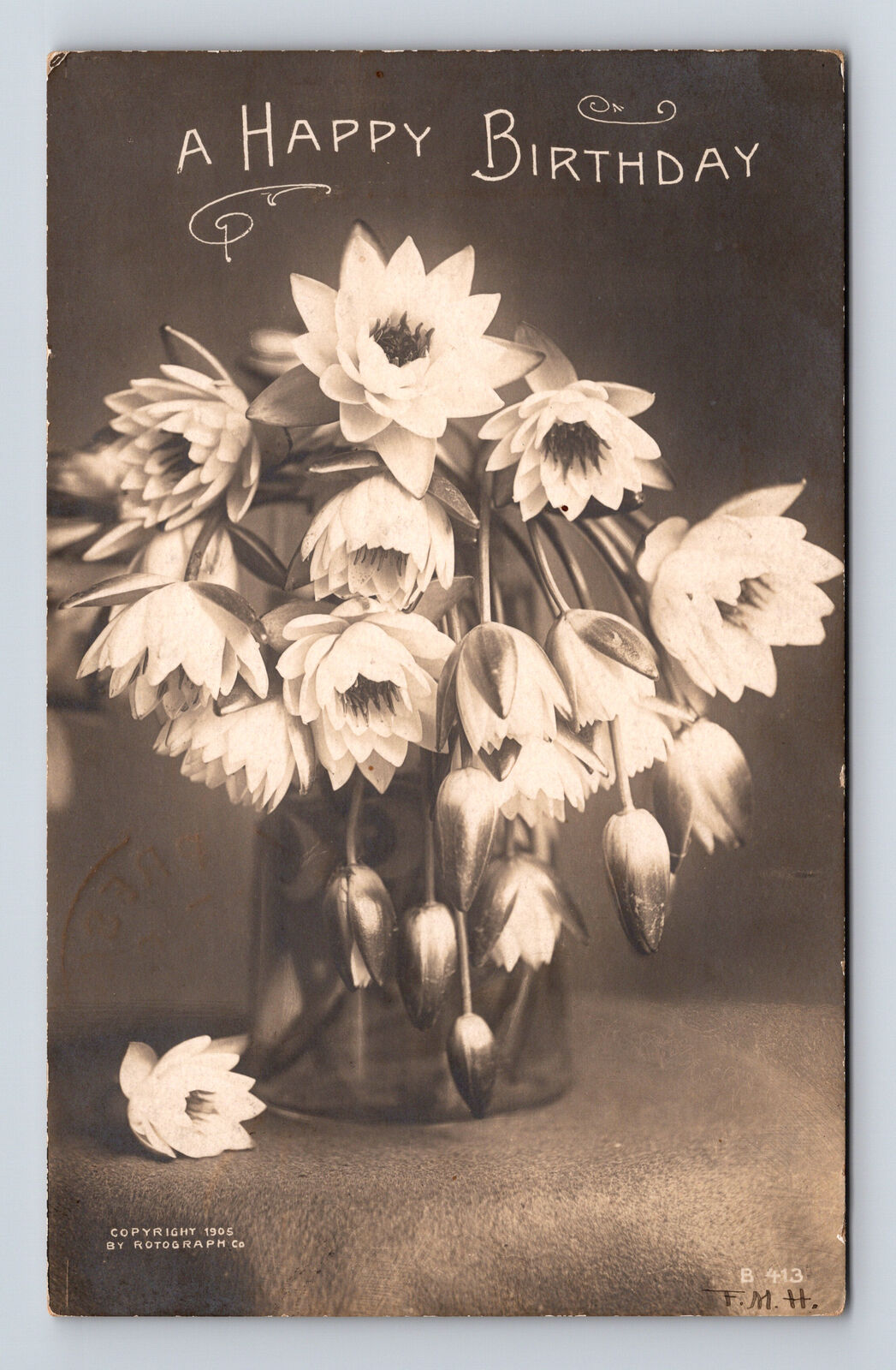 c1905 RPPC Happy Birthday Bouquet of Flowers Real Photo Postcard