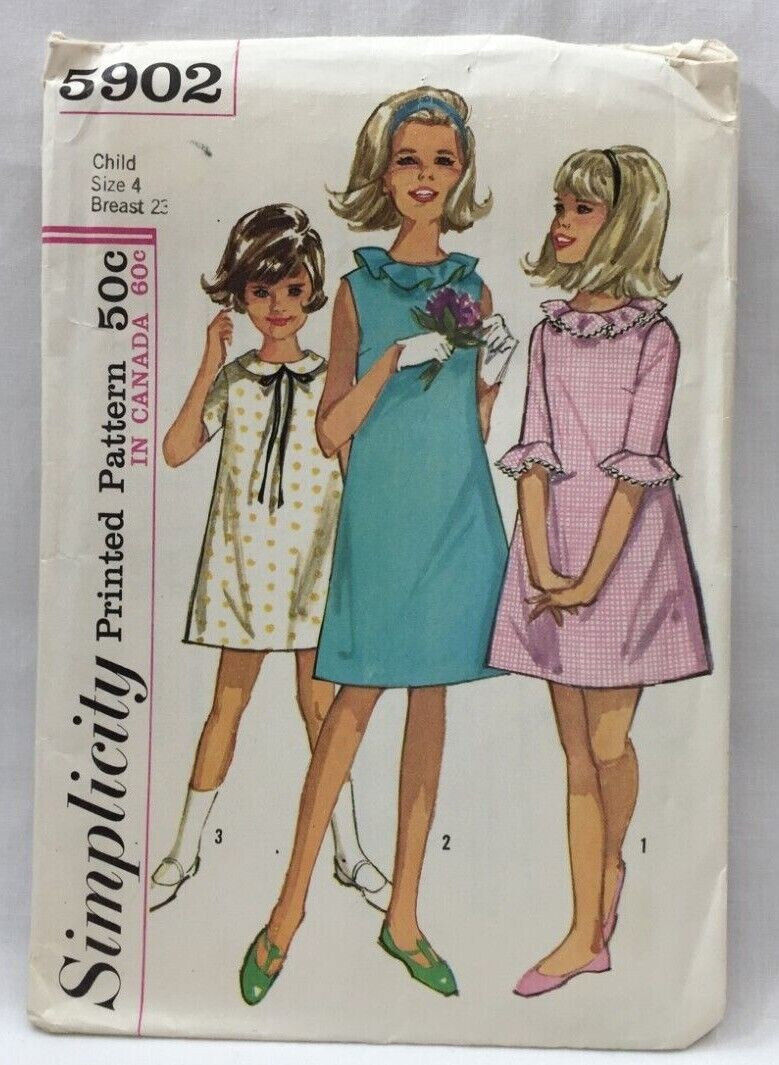 1965 Simplicity Sewing Pattern 5902 Girls 1-Pc Dress 3 Styles Sz 4 Vintage 5057