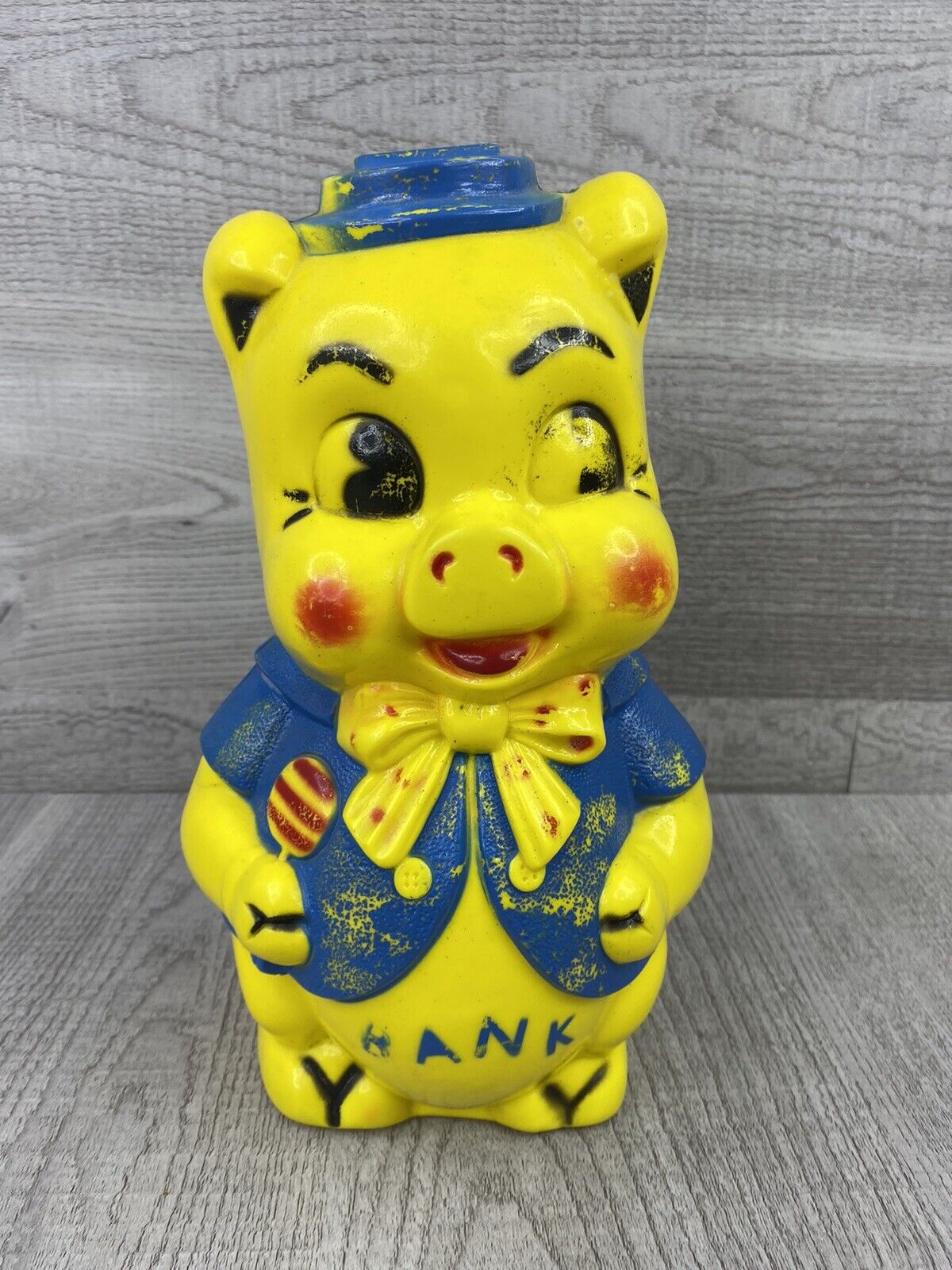 Vintage EMPIRE Yellow and Blue Pig Piggy Blow Mold Coin Bank