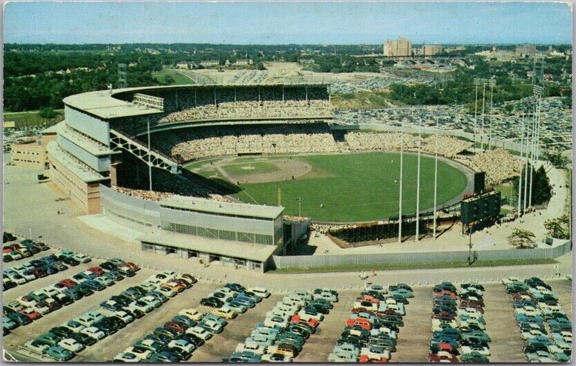 MILWAUKEE COUNTY STADIUM Wisconsin Postcard Air View BRAVES BASEBALL 1956 Cancel
