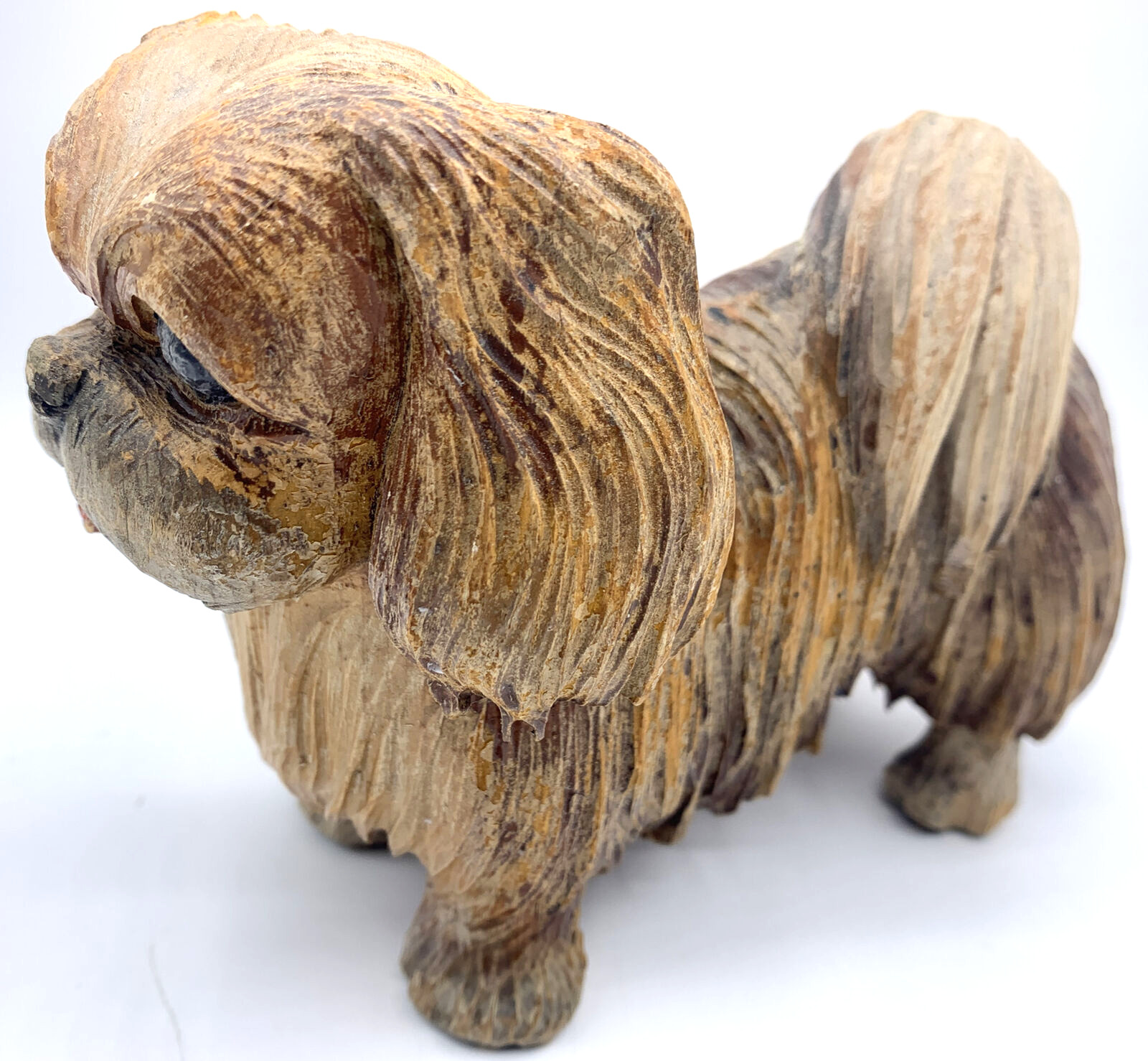 Wooden Carved Pekingese Dog Figurine Vintage 4.5 x 6.5