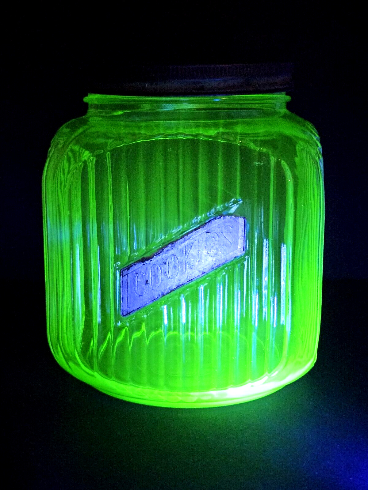 Original Vintage Hoosier Uranium Vaseline Glass Cookie Jar 8” 1930's