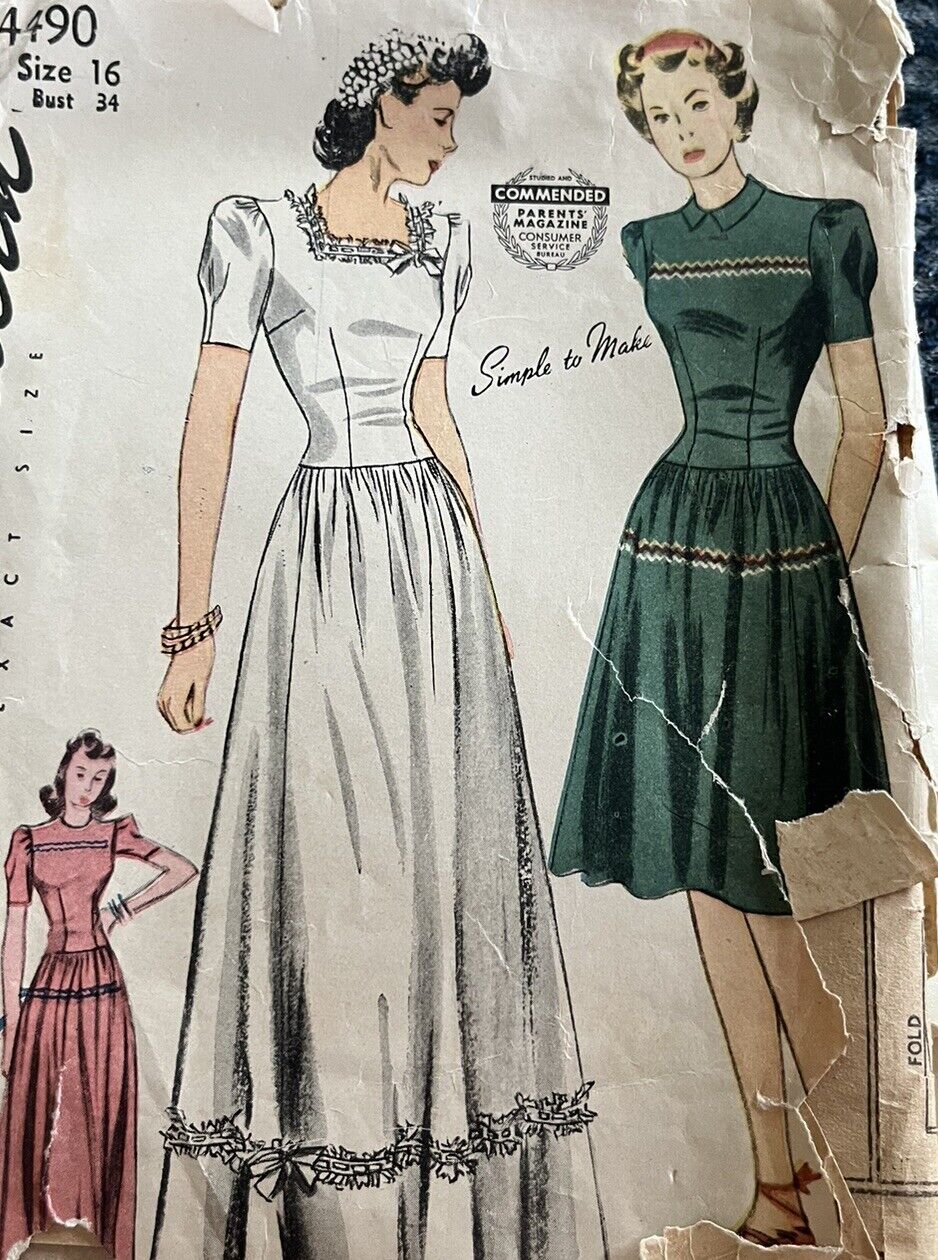 Original 1940s Simplicity Formal Pattern Size 16, Bust 34