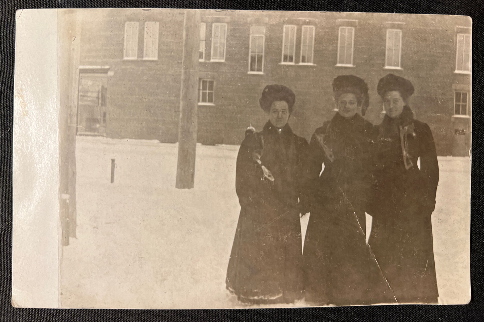 Three Victorian Women Dressed in BLACK in the SNOW RPPC Real Photo Postcard