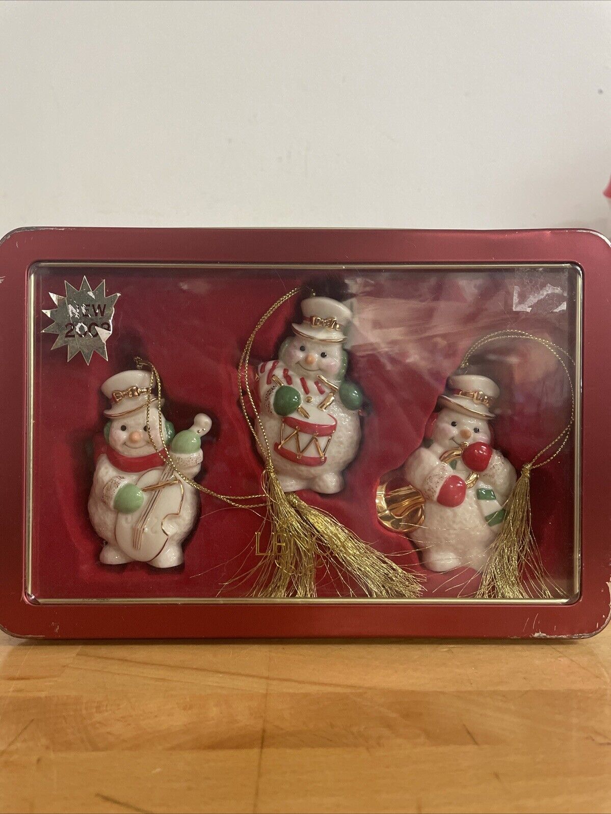 LENOX Three Snowmen Tin Box SET of 3 Porcelain Christmas Ornaments Vintage 2003